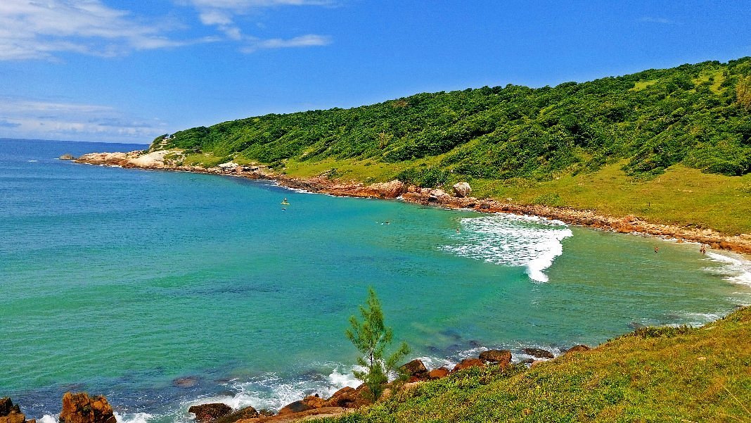 Trilha costeira da Praia do Rosa em Santa Catarina com vista para o oceano